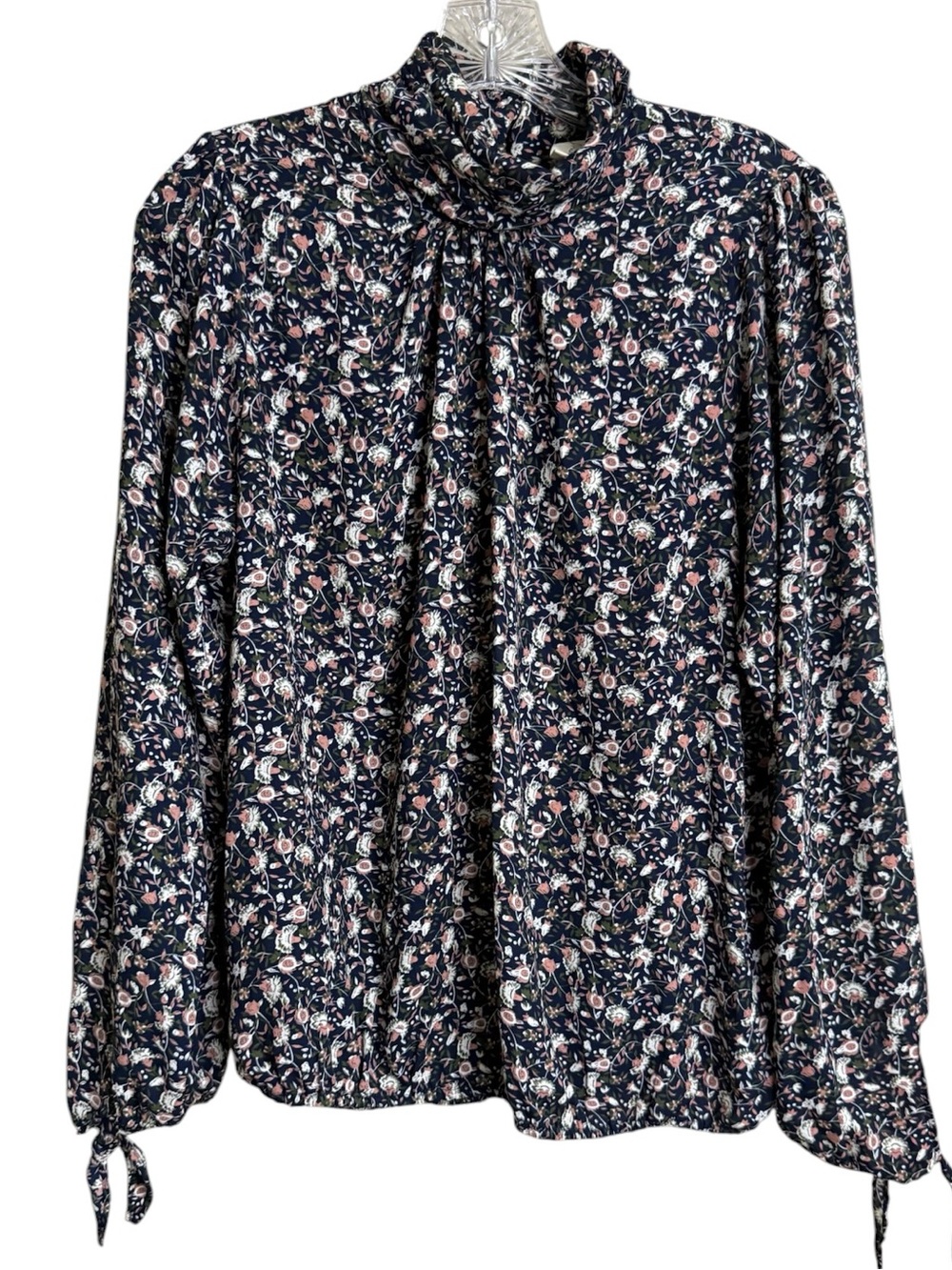 Allison Joy Navy Floral Tie-Neck Long Sleeve Blouse
